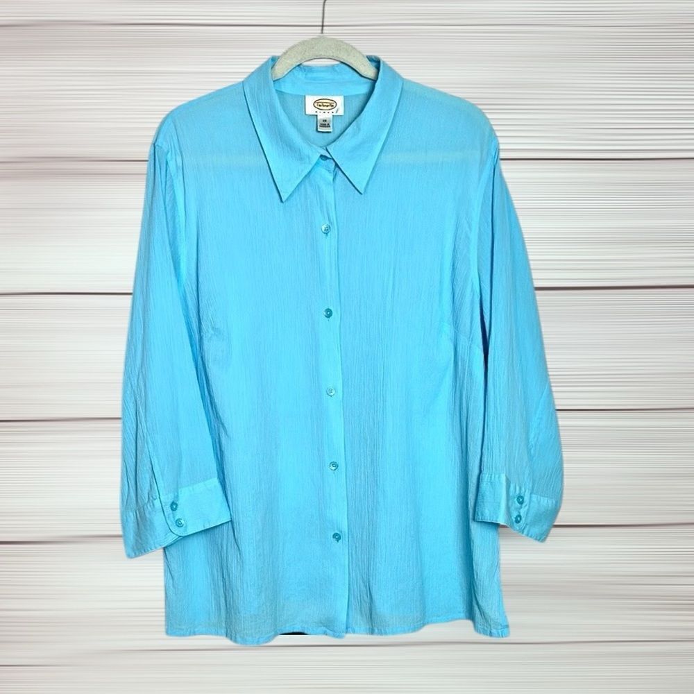 Vintage Talbots Blue Blouse Button Down Shirt Top Crinkle Cotton 3/4 Sleeves 2X